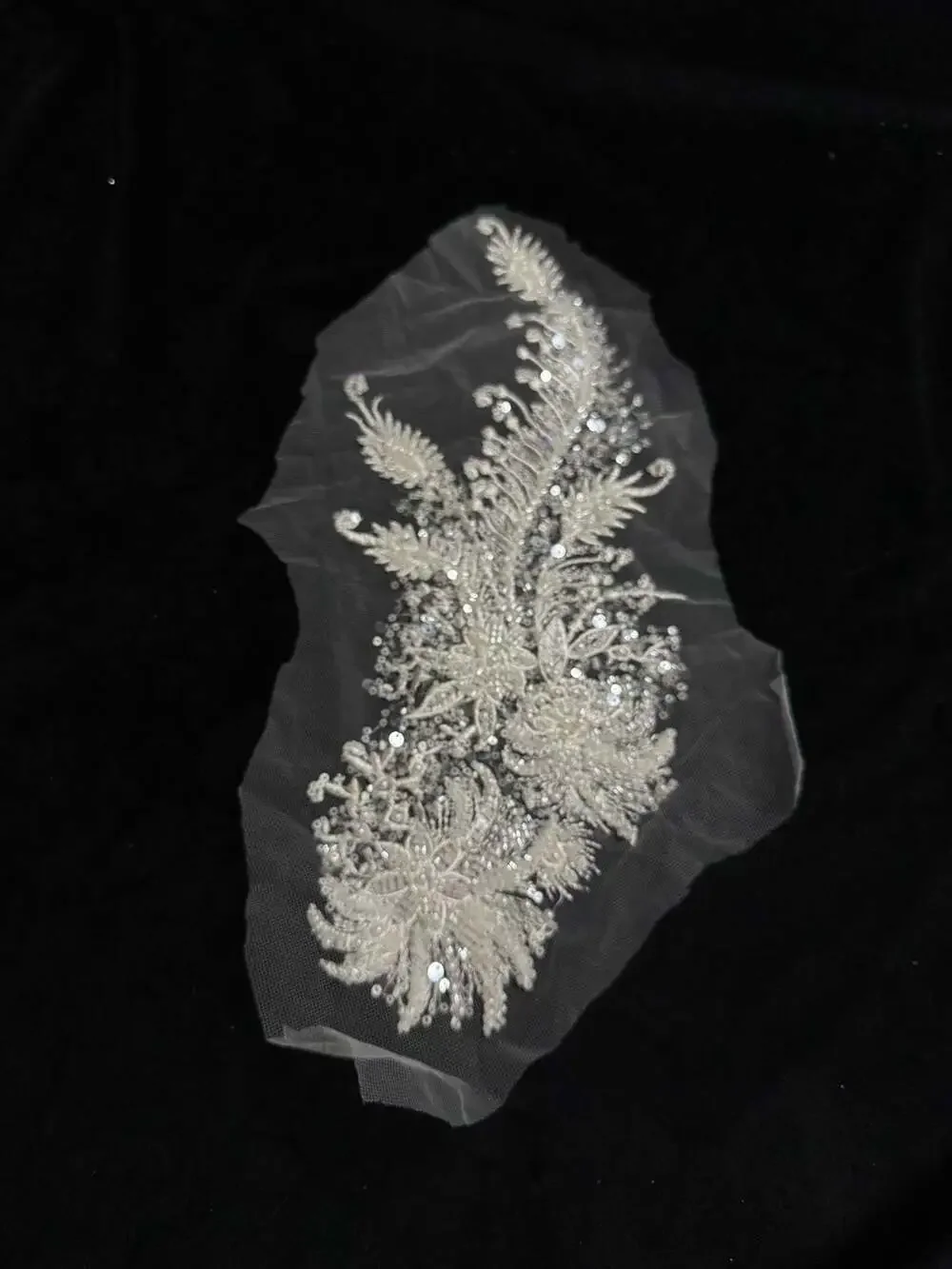 Off-White Floral Bead and Sequin Embroidered Bridal Lace Applique Patch